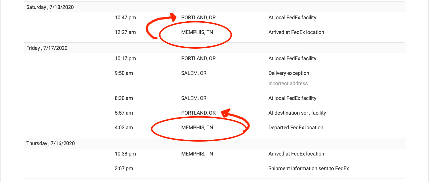 Screenshot of FedEx package tracking showing how the package shipped from Memphis to Portland, then back to Memphis, then to Portland again.