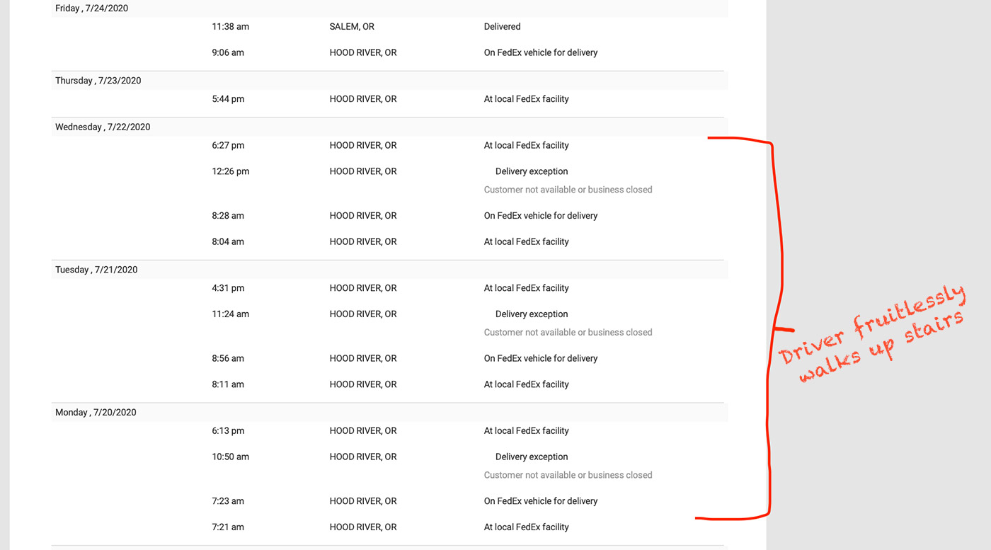 Screenshot of FedEx package tracking showing three failed deliveries. An annotation reads, "Driver fruitlessly walks up stairs."