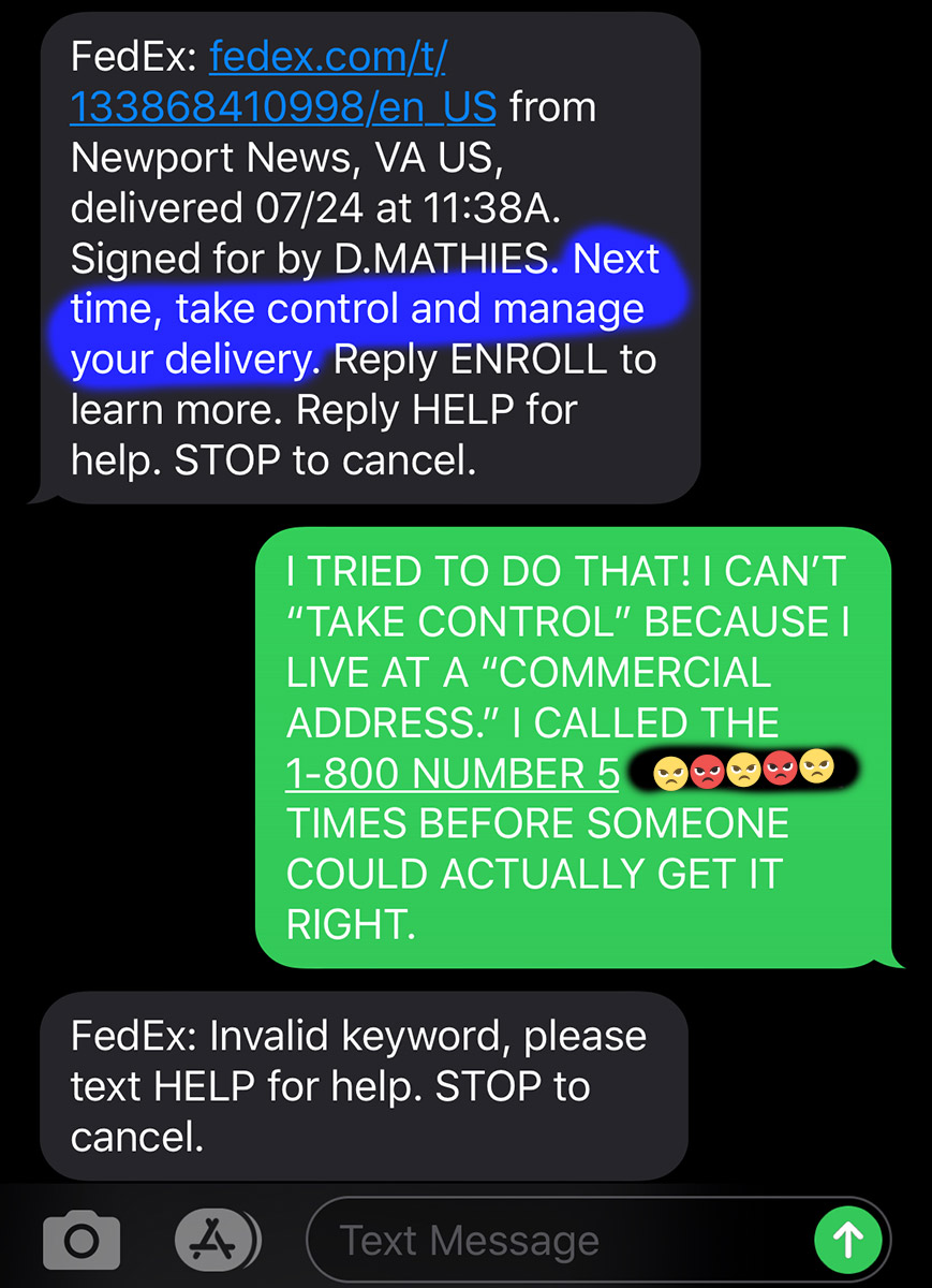 Screenshot of FedEx text message with highlighted text, "Next time, take control and manage your delivery."